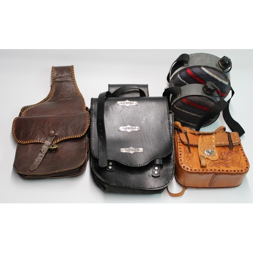 1411 - Western themed tan coloured leather saddlebags, black leather saddlebags, two canteens and a tooled ... 