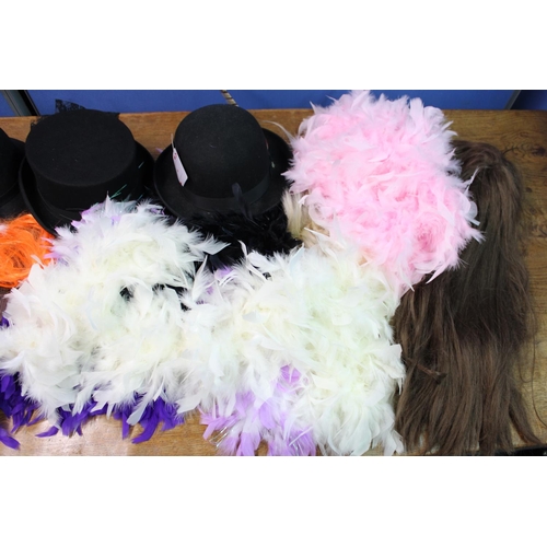 1417 - Selection of ladies and gentleman's hats incl. top hat and bowler together with feather boas, wigs, ... 