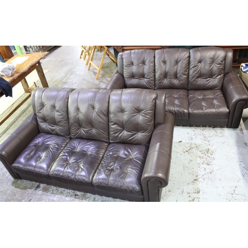 1428 - Pair of faux leather three seater sofas, W204cm, D95cm, H81cm (without feet fitted)