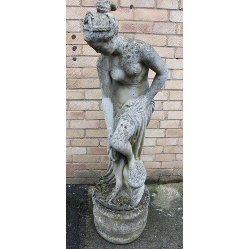 1431 - Reconstituted stone garden statue in the form of a semi-clad lady with separate circular base, overa... 