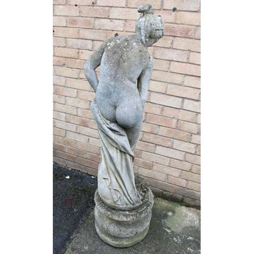 1431 - Reconstituted stone garden statue in the form of a semi-clad lady with separate circular base, overa... 