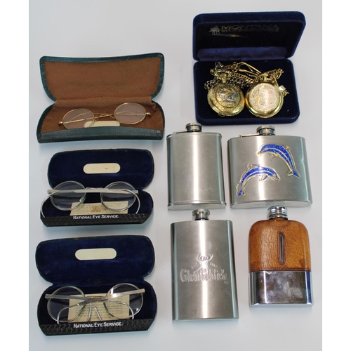 1433 - Four hipflasks, 3 pairs of vintage glasses and 2 novelty pocket watches