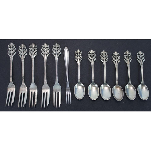 1436 - Early C20th Norwegian hallmarked silver cake fork and coffee spoon set for six in the Viking Rose pa... 