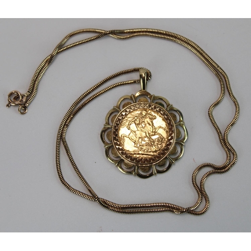 1445 - Geo. V 1911 gold sovereign mounted in later 9ct gold pendant on 9ct gold chain, gross 19g