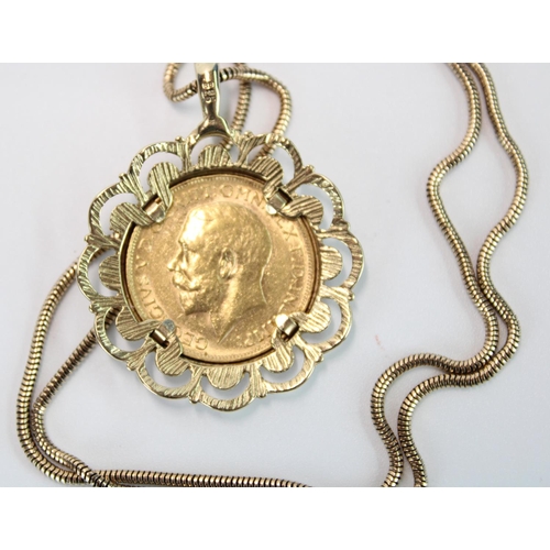 1445 - Geo. V 1911 gold sovereign mounted in later 9ct gold pendant on 9ct gold chain, gross 19g