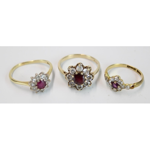 1453 - Hallmarked 9ct gold ruby and white stone cluster ring together with two smaller 18ct gold ruby and c... 