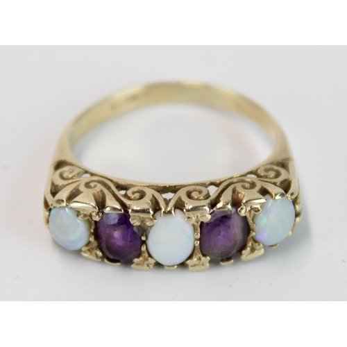 1454 - Hallmarked 9ct gold amethyst and opal five stone ring in scrolled setting on plain shank, 3.4g, size... 