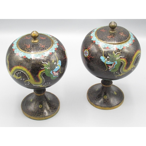 645 - Pair of cloisonne lidded globular tea caddy/tobacco jars, H21cm