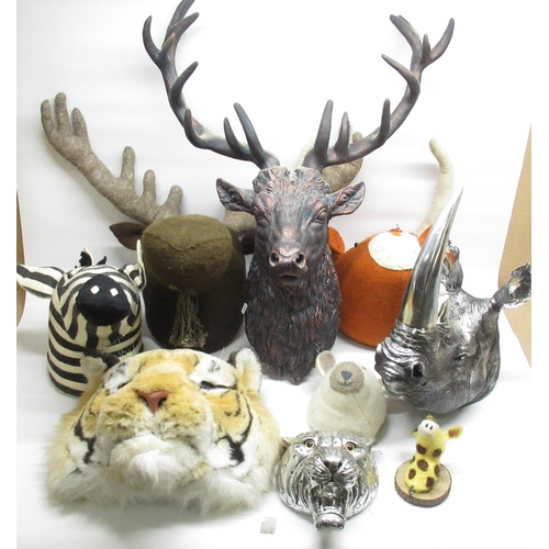 651 - Mixed collection of soft toy and composite material animal heads inc. Rhino, Tiger, Moose, Stag, etc... 