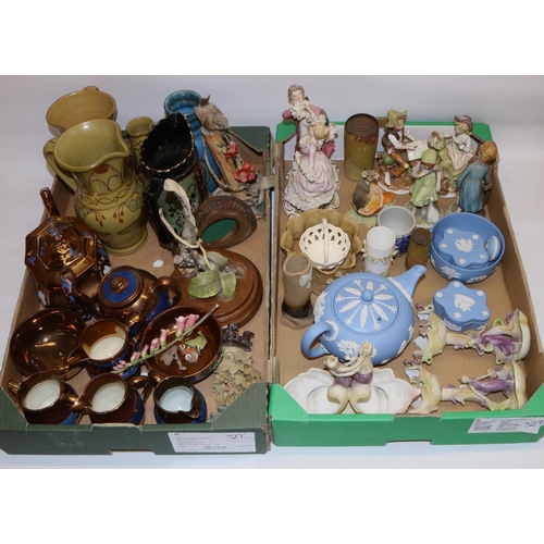 1369 - Decorative ceramics, incl. Wedgwood Jasperware, Capodimonte style figures etc., oval framed oil pain... 