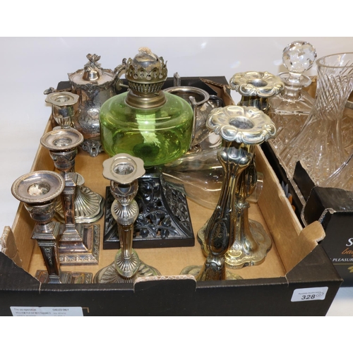 1370 - Silver plate and other metalware incl. candlesticks, oil lamp, etc. and a quantity of cut crystal gl... 