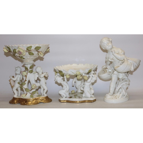 1375 - Two late C19th Moore Bros white-glazed figural groups/comports, one modelled as a girl carrying bask... 