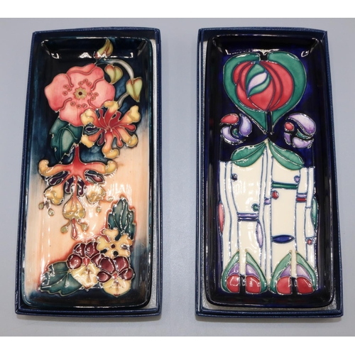 1392 - Moorcroft Pottery: two rectangular dishes, in Oberon and Charles Rennie Macintosh tribute patterns, ... 