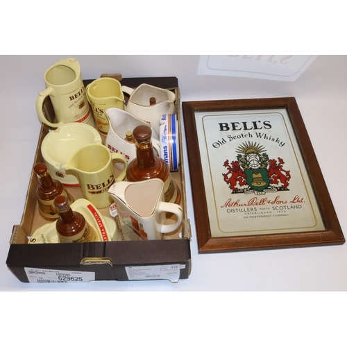 592 - Group of advertising bar ware c1970s, incl. a Bell's Old Scotch Whisky advertising mirror 51x36cm, e... 