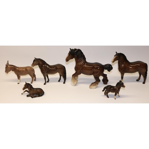 636 - Six Beswick animal figures: Donkey No. 1364B in gloss, Exmoor pony No. 1645, Shetland Foal No. 1034 ... 