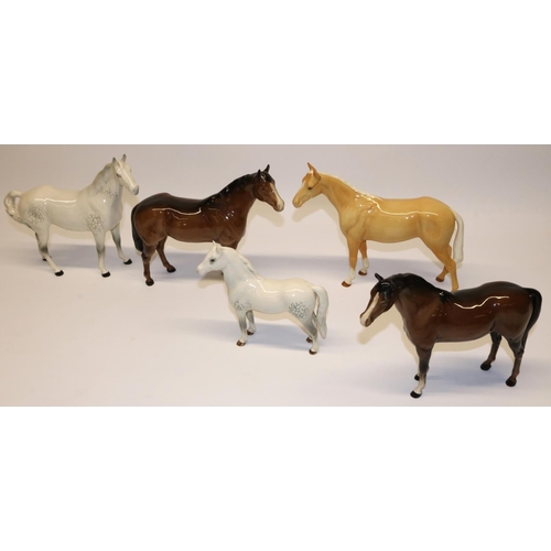 637 - Five Beswick horses: Welsh Mountain Pony No. 1643 in grey gloss, Arab Stallion No. 1771 in brown glo... 