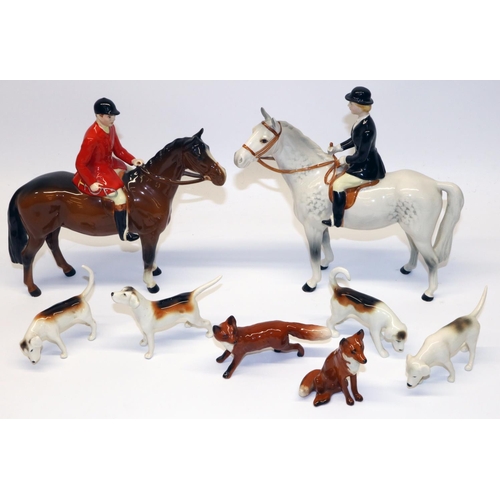 190 - Group of Beswick hunting figures: Huntsman on bay horse No.1501, Huntswoman No. 1730 on grey horse, ... 