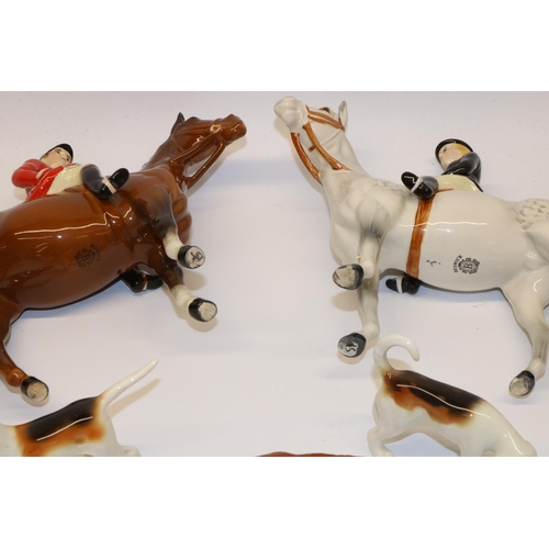 190 - Group of Beswick hunting figures: Huntsman on bay horse No.1501, Huntswoman No. 1730 on grey horse, ... 