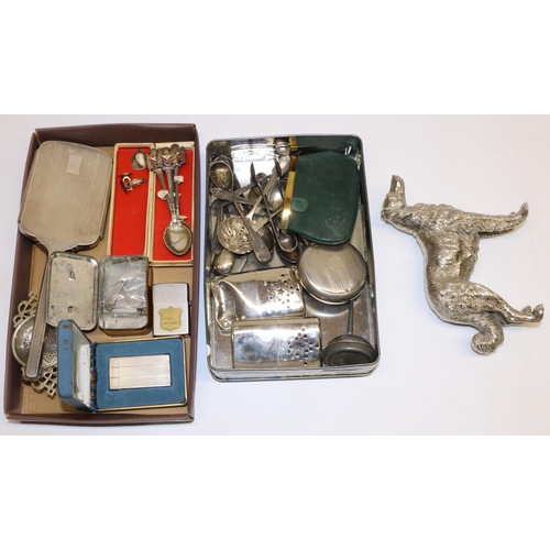 860 - Group of various silver, silver plate and other metalware, incl. a hallmarked silver hand mirror, cu... 