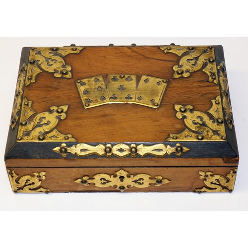 866 - C19th veneered walnut gaming box, applied pierced brass decoration including three playing cards, W2... 