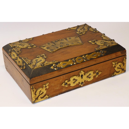 866 - C19th veneered walnut gaming box, applied pierced brass decoration including three playing cards, W2... 