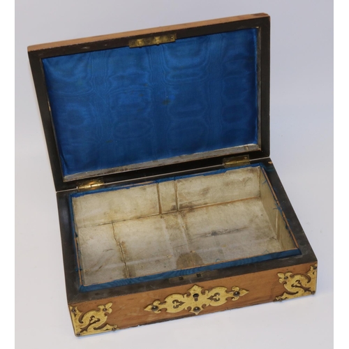 866 - C19th veneered walnut gaming box, applied pierced brass decoration including three playing cards, W2... 