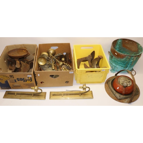 869 - Various metalware, incl. a Verdigris copper log bin with claw feet, H32cm, pair of brass wall light ... 