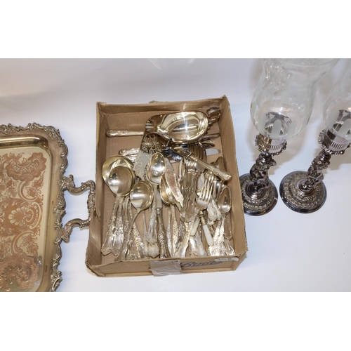 580 - Group of silver plate items, incl. large two handled tray, W. M. Rogers and Son cutlery, two candle ... 