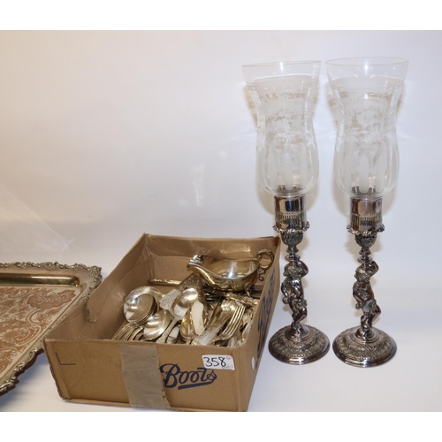 580 - Group of silver plate items, incl. large two handled tray, W. M. Rogers and Son cutlery, two candle ... 