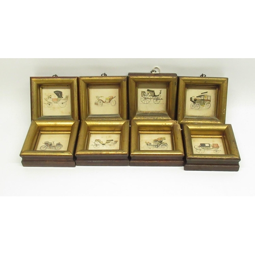 662 - Collection of eight Fleck Cros. small prints of horse drawn coaches and veteran cars, 10.5cm x 10.5c... 