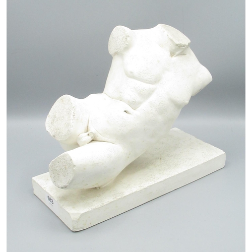 663 - Artforum reconstituted stone Classical Male Torso, on rectangular base, W26cm H21cm