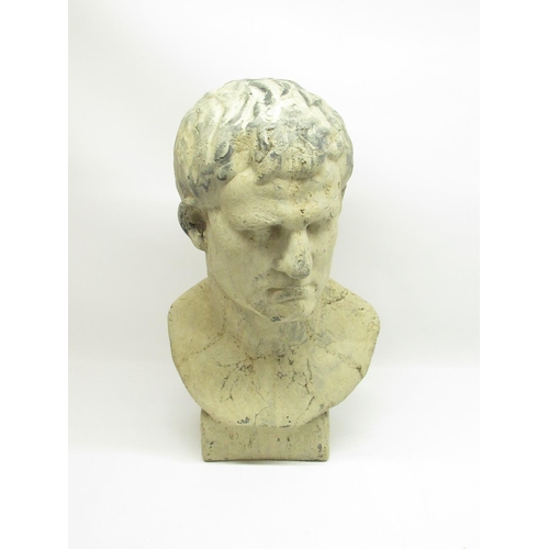 664 - Cast composition white painted head and neck bust of a Roman, on rectangular base, H51cm