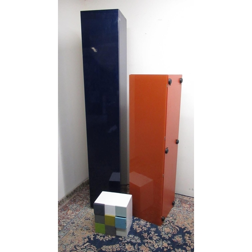 667 - Habitat - a blue finish single door cupboard with five shelves,  W35cm D38cm H203cm a similar orange... 