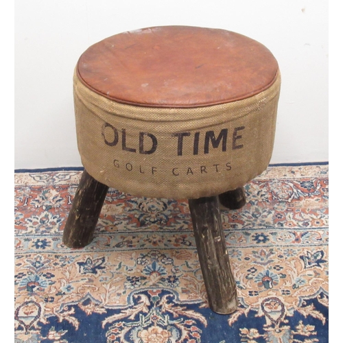 668 - Vintage style circular stool, with leather top on three outsplayed legs, D43cm H46cm