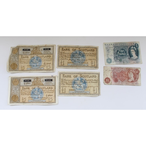 878 - Small selection of BOE and Scottish banknotes incl. two 1959 Bank of Scotland £5 etc.