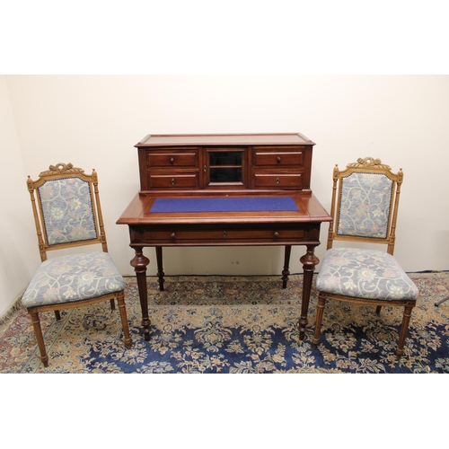 543 - Mahogany bonheur du jour, four small drawers and central glazed cupboard over pull out writing surfa... 