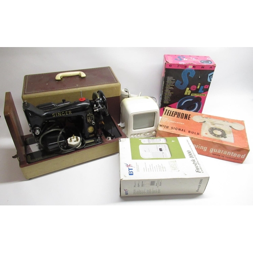 106 - Boxed Singer electric sewing machine , boxed Sheila telephone, boxed telephone with signal bulb, etc... 