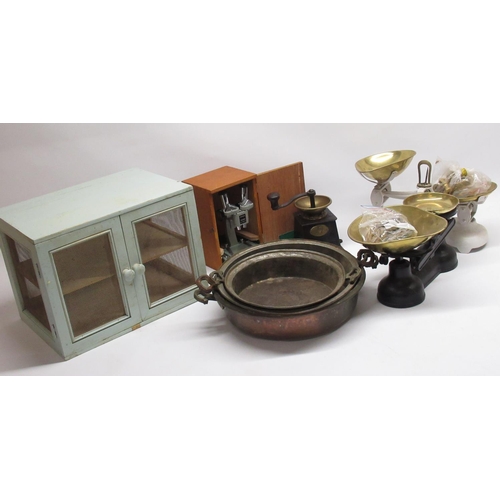 150 - Boxed Opax Stereo 15x 30xw 45x microscope, 3 copper trays, cast metal and brass grinder, 2 kitchen s... 