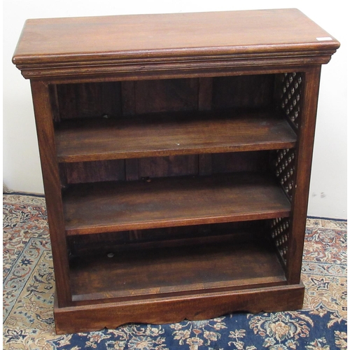 882 - C20th Eastern hardwood open bookcase with pierced sides and three shelves W85cm D37cm H92cm