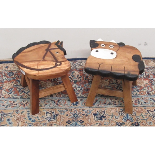 883 - Pair of carved and painted hardwood children's stools, one in the form of a cow and the other a hors... 