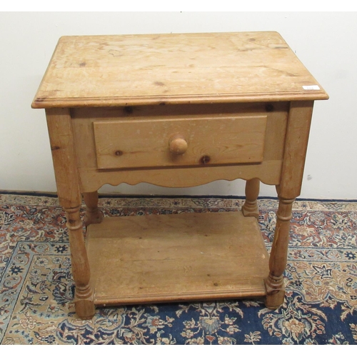 884 - Victorian style natural pine kitchen side table with single frieze drawer, turned legs and undertier... 