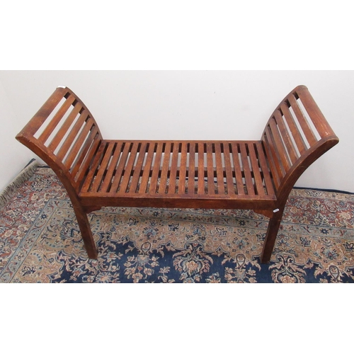 886 - C20th Eastern hardwood open backed slatted bench on square legs W1119cm D46cm H77cm