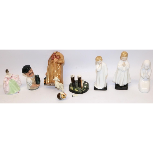 1239 - Six Royal Doulton figures - Bedtime HN1978, Darling HN1985, Sara HN3219, Images - Amen HN4021, Colle... 