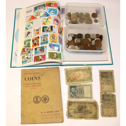 1290 - Selection of GB cupro-nickel and other coinage, mix of foreign coinage banknotes and a stamp album