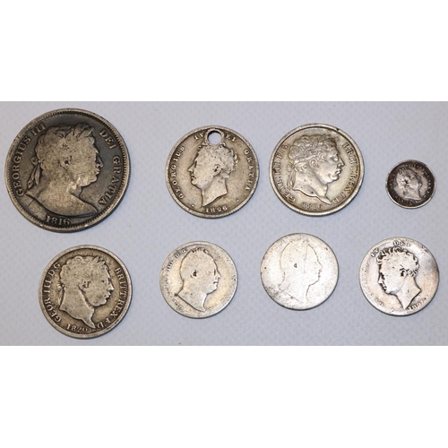 1297 - Small selection of Georgian silver content coinage incl. 1816 half crown, 1816 shilling etc, gross 3... 