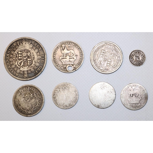 1297 - Small selection of Georgian silver content coinage incl. 1816 half crown, 1816 shilling etc, gross 3... 