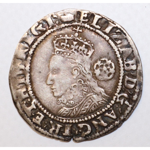 1304 - Elizabeth I silver sixpence c1590, crowned bust left, rose behind, rev: Shield and cross 1590