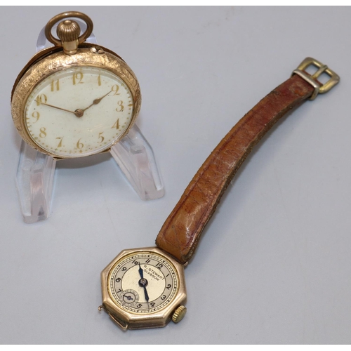 846A - Swiss - late C19th gold fob watch, cream coloured Arabic dial, bright cut case with hinged bezel, ba... 