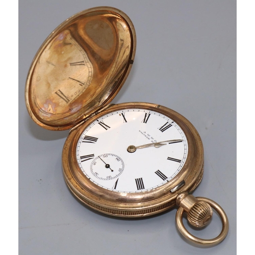 847A - Waltham rolled gold keyless wound and set Hunter pocket watch, signed white enamel Roman dial with s... 