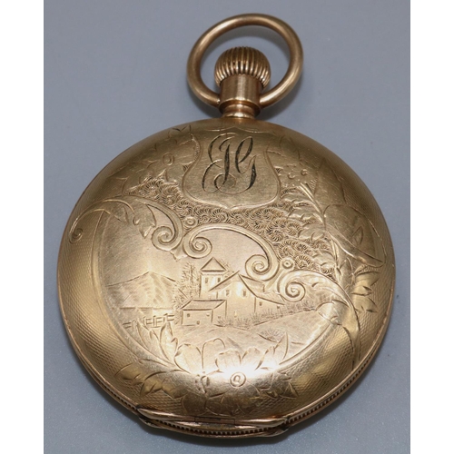 847A - Waltham rolled gold keyless wound and set Hunter pocket watch, signed white enamel Roman dial with s... 